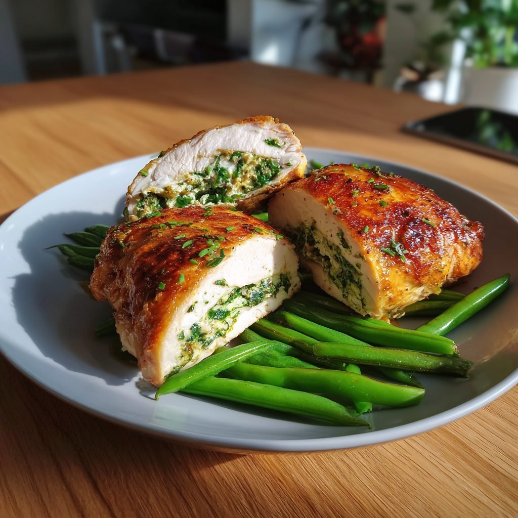Gefüllte Hähnchenbrust mit Bärlauch-Frischkäse auf Zuckerschoten-Bett