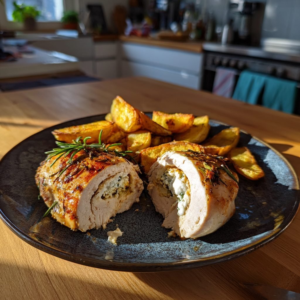 Gefüllte Hähnchenbrust mit Kräuterfrischkäse und Rosmarinkartoffeln