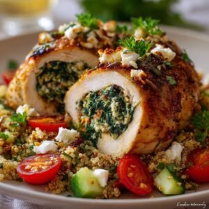 Gefüllte Hähnchenbrust "Pfingstrose" mit Spinat, Feta und Sonnenblumenkernen auf Quinoa-Salat