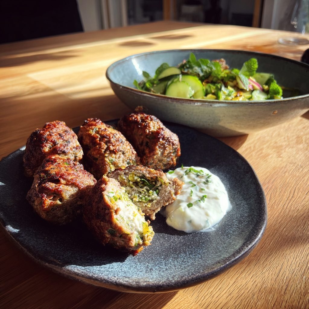 Gefüllte Lamm-Kofta mit Kräuter-Joghurt und Gurken-Minz-Salat