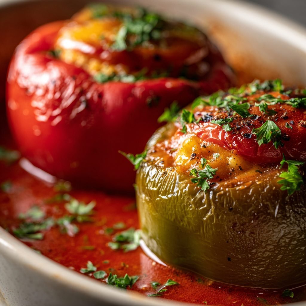 Gefüllte Paprika mit Hähnchen-Reis-Füllung und Tomatensauce