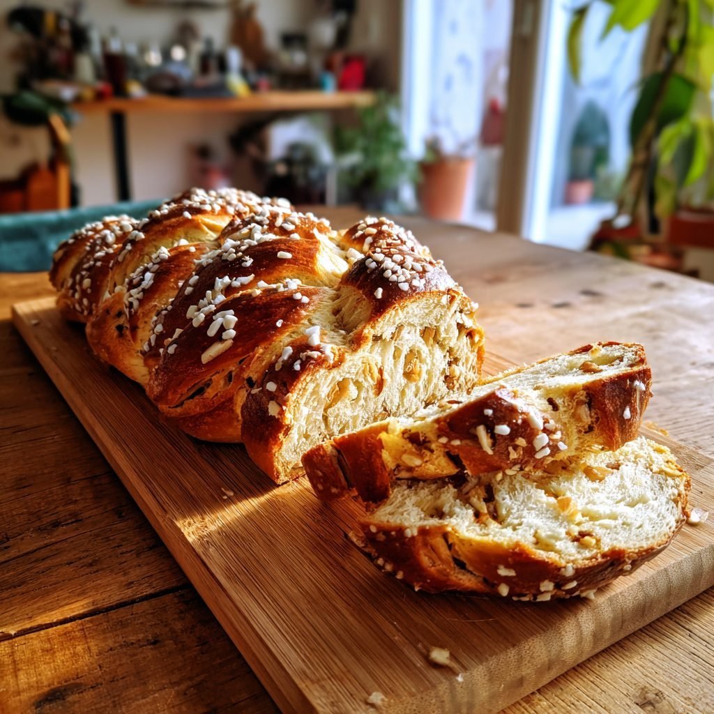 Gefüllter Hefezopf mit Mandeln und Rosinen