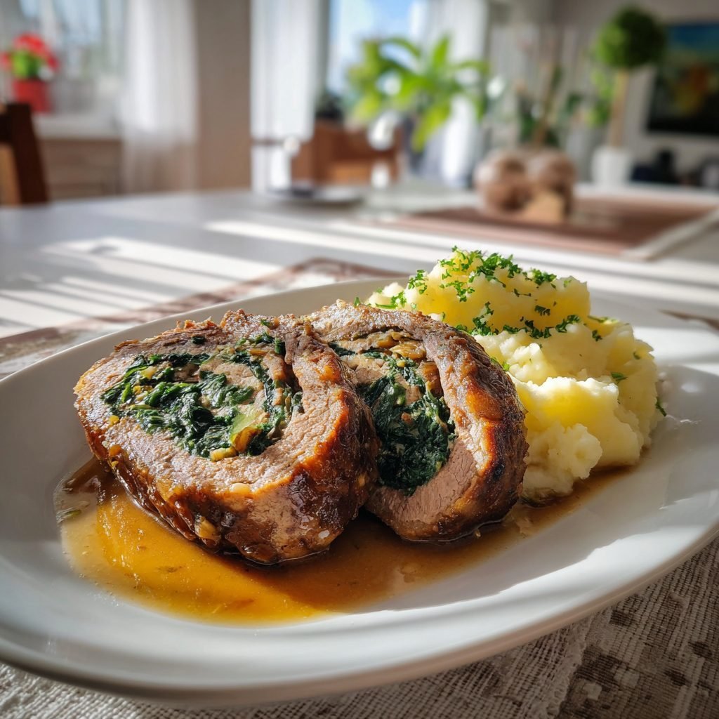 Gefüllter Rinderhackbraten mit Pilz-Spinat-Füllung