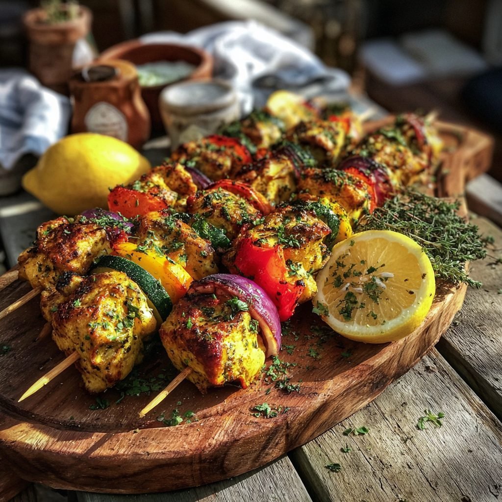 Gegrillte Hähnchen-Gemüse-Spieße mit Zitronen-Kräuter-Marinade