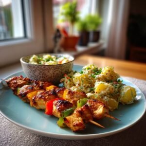 Gegrillte Hähnchenspieße mit Kräuter-Kartoffelsalat