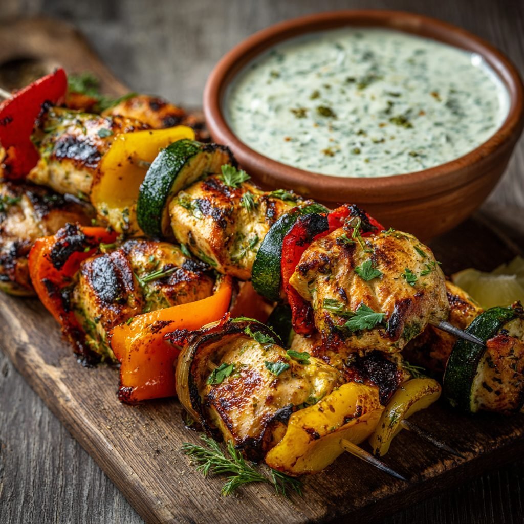 Gegrillte Hähnchenspieße mit Paprika und Zucchini und Kräuterquark