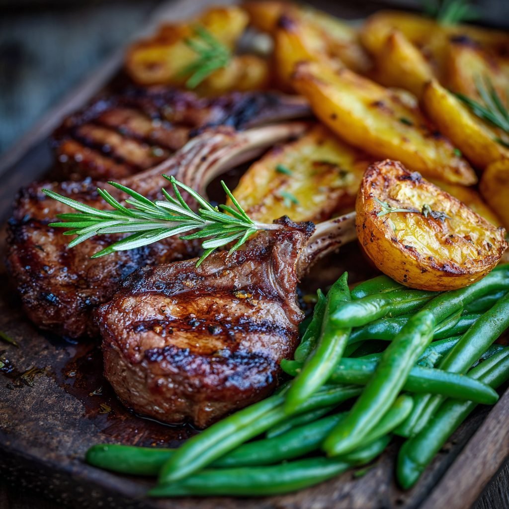 Gegrillte Lammkoteletts mit Rosmarin-Kartoffelspalten und Grünen Bohnen