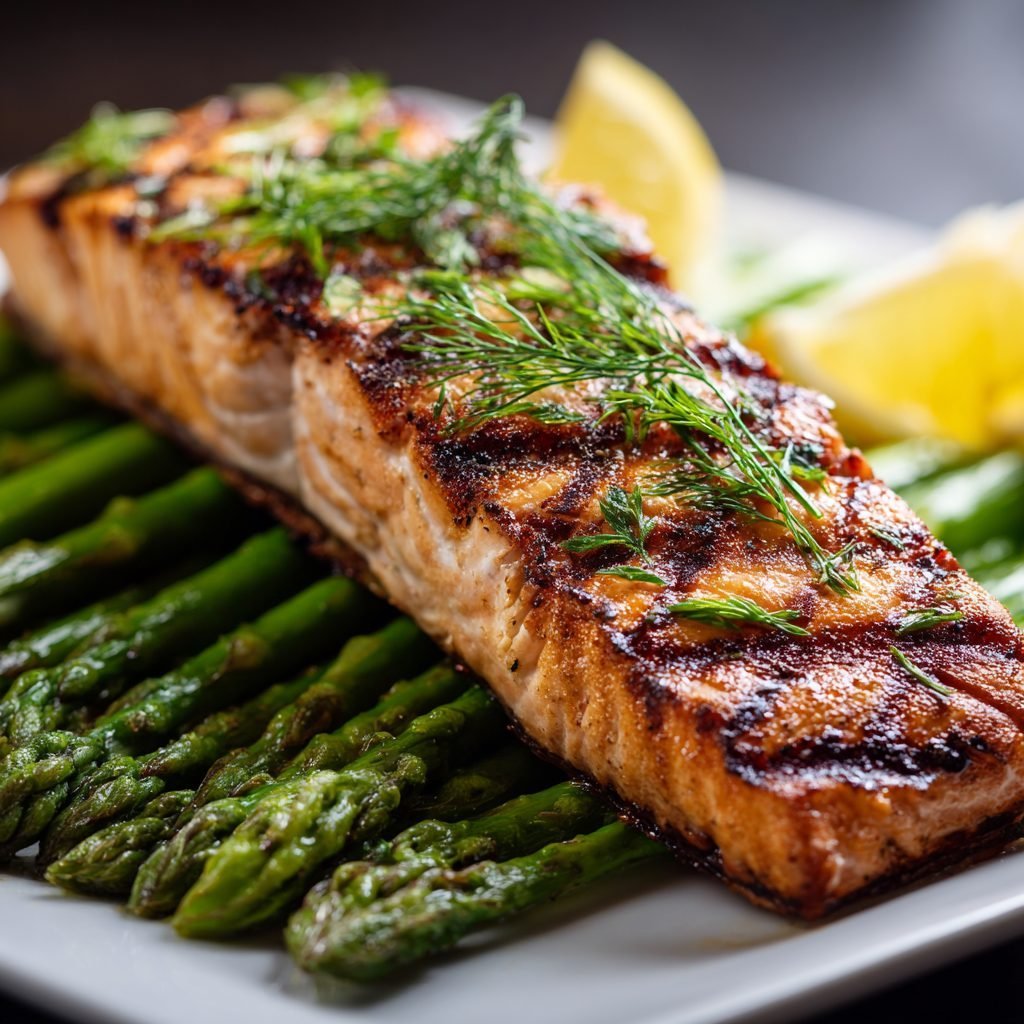 Gegrillter Lachs mit Zitronen-Kräuter-Marinade und Spargel