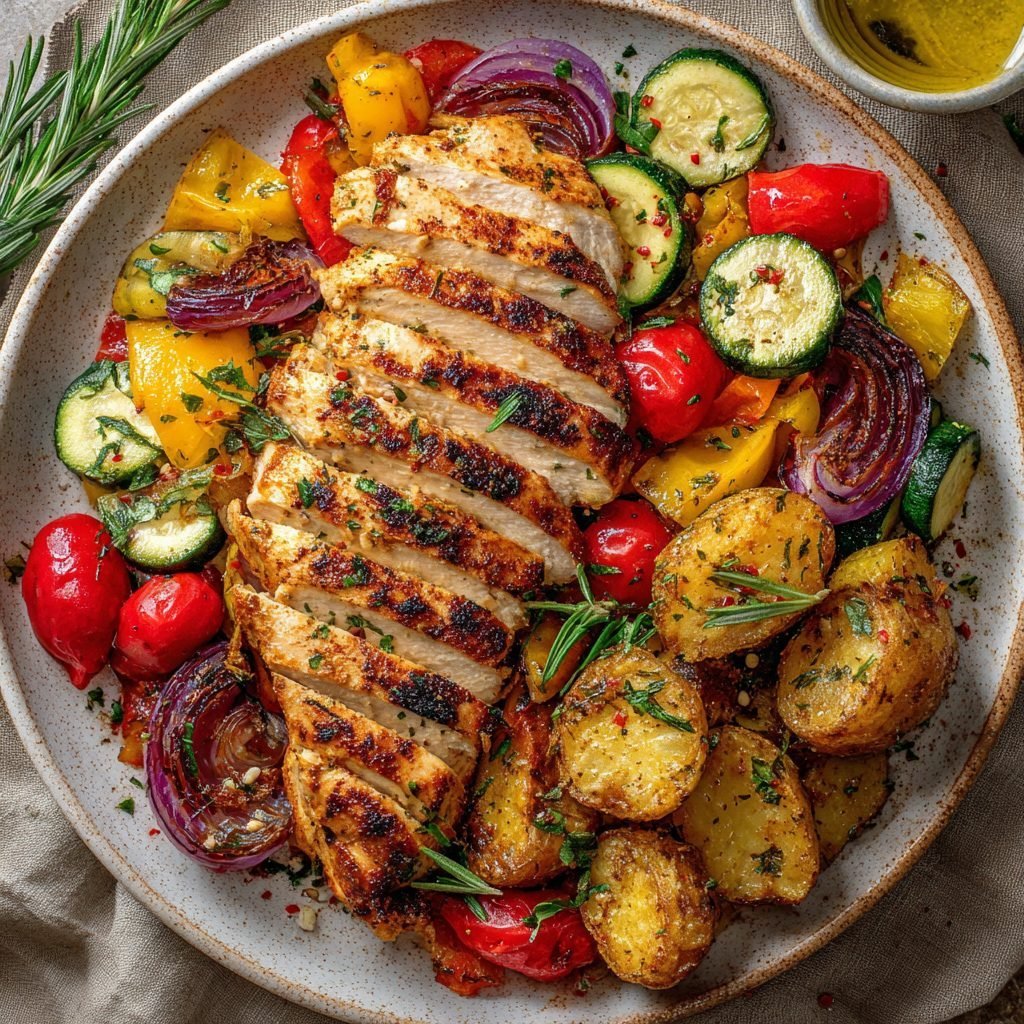 Gegrilltes Hähnchenbrustfilet auf mediterranem Gemüsebett mit Rosmarinkartoffeln