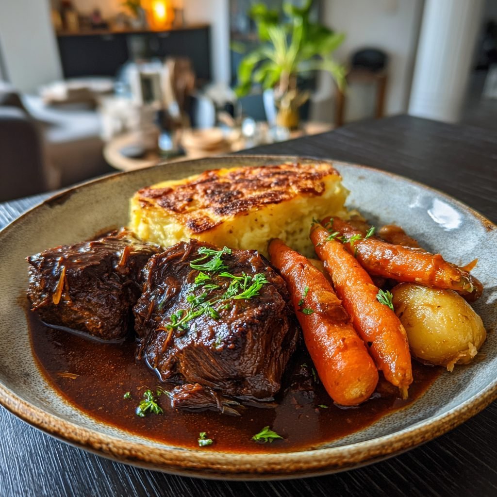 Geschmorte Rinderbäckchen mit Bärlauch-Kartoffelgratin und glasierten Karotten