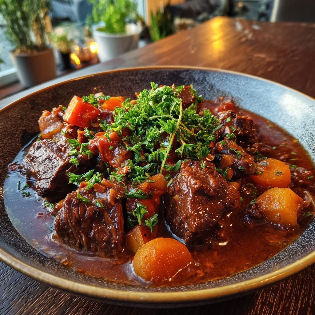 Geschmortes Rindergulasch mit Mairübchen und frischen Kräutern