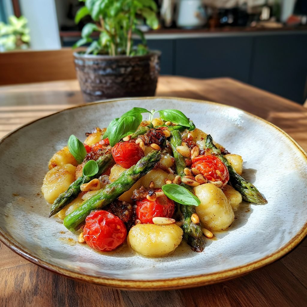 Gnocchi mit grünem Spargel, Kirschtomaten und Pinienkernen