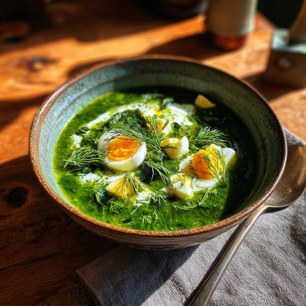 Grüne Borschtsch (Sauerampfersuppe) mit Ei und Joghurt