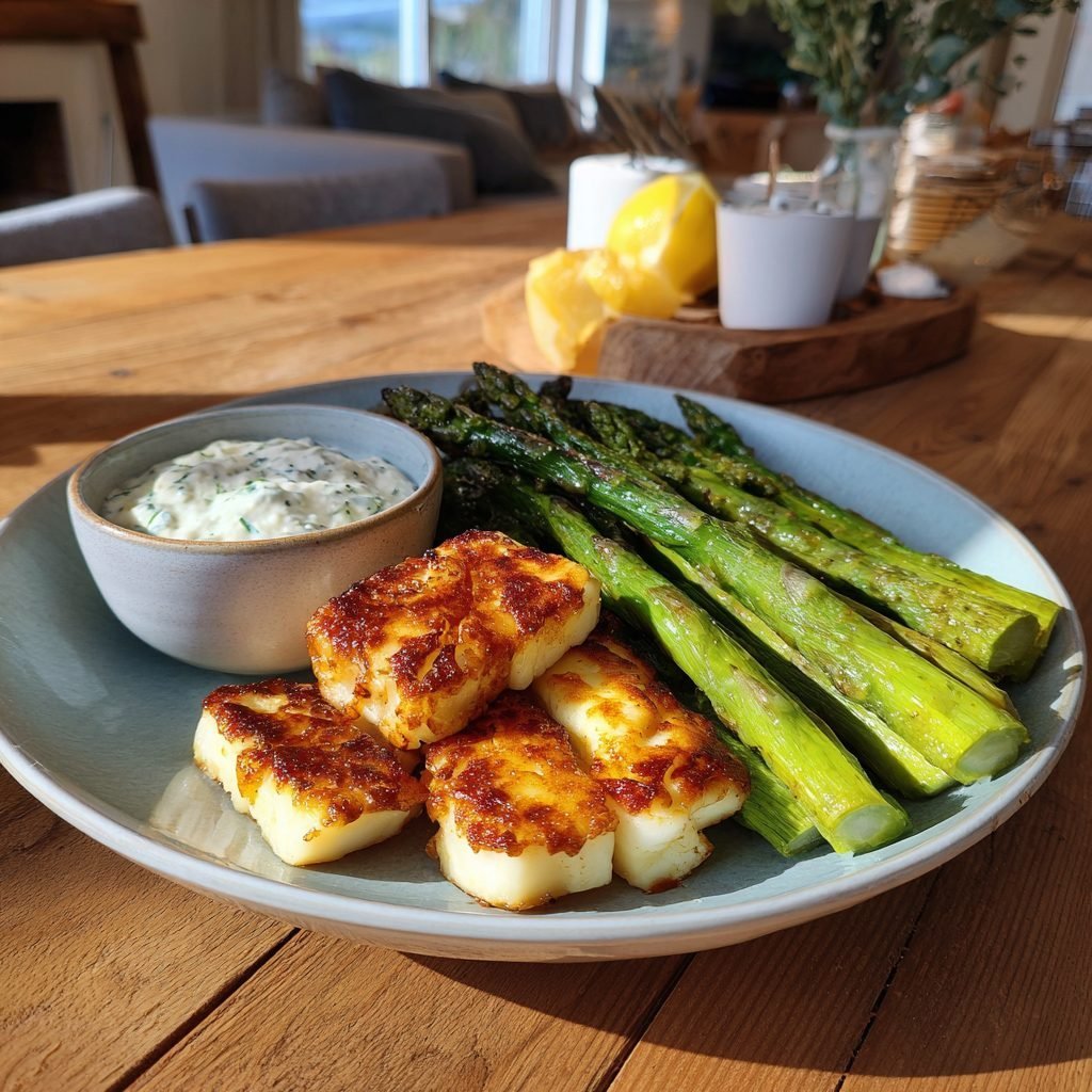 Grüner Spargel mit Halloumi und Kräuter-Zitronen-Dip