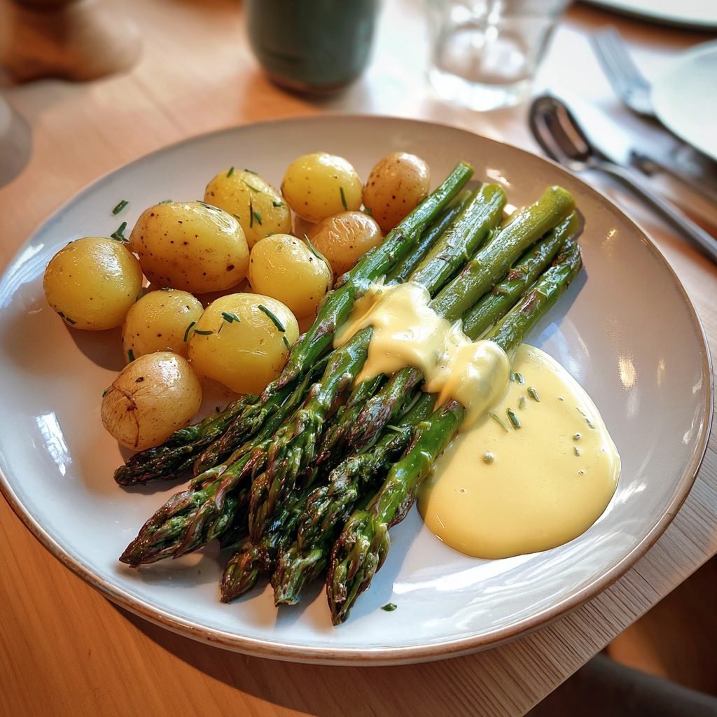 Grüner Spargel mit neuen Kartoffeln und alkoholfreier Sauce Hollandaise