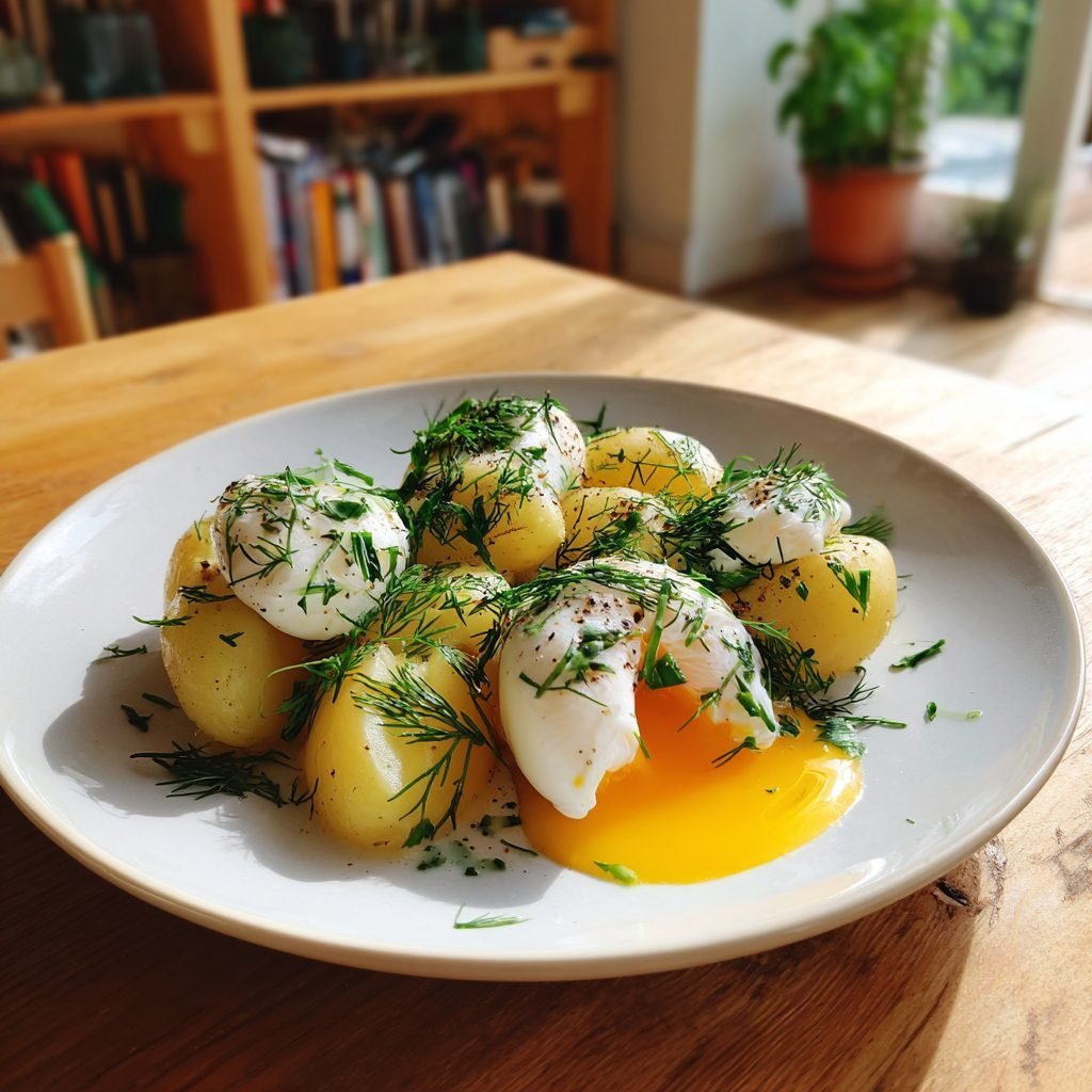Grüner Spargel mit neuen Kartoffeln und pochiertem Ei