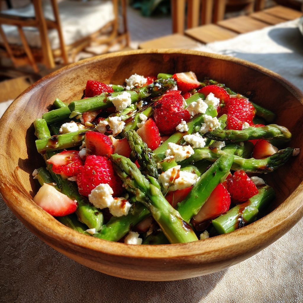Grüner Spargelsalat mit Erdbeeren, Feta und Balsamico-Dressing