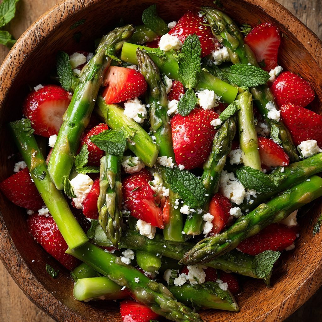 Grüner Spargelsalat mit Erdbeeren und Ziegenkäse