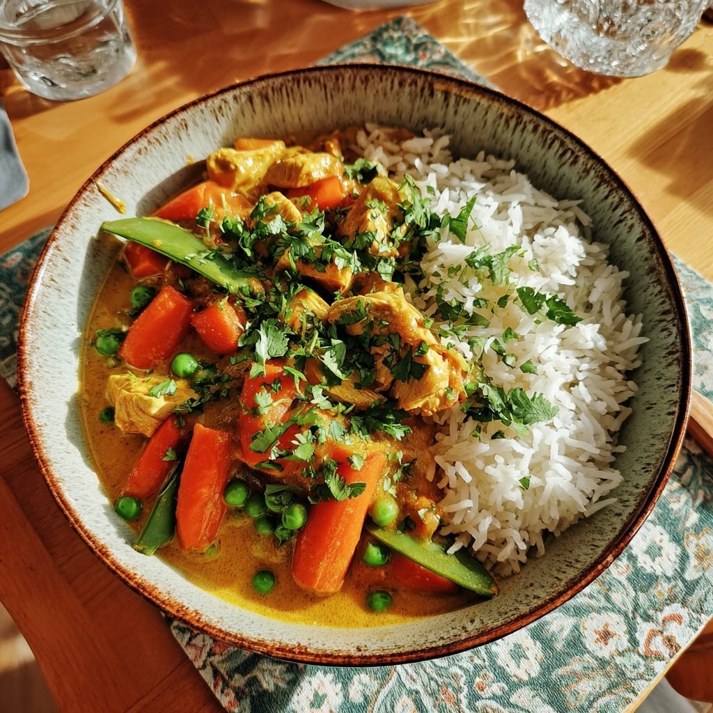 Hähnchen-Curry mit jungen Möhren, Zuckerschoten und Kokosmilch