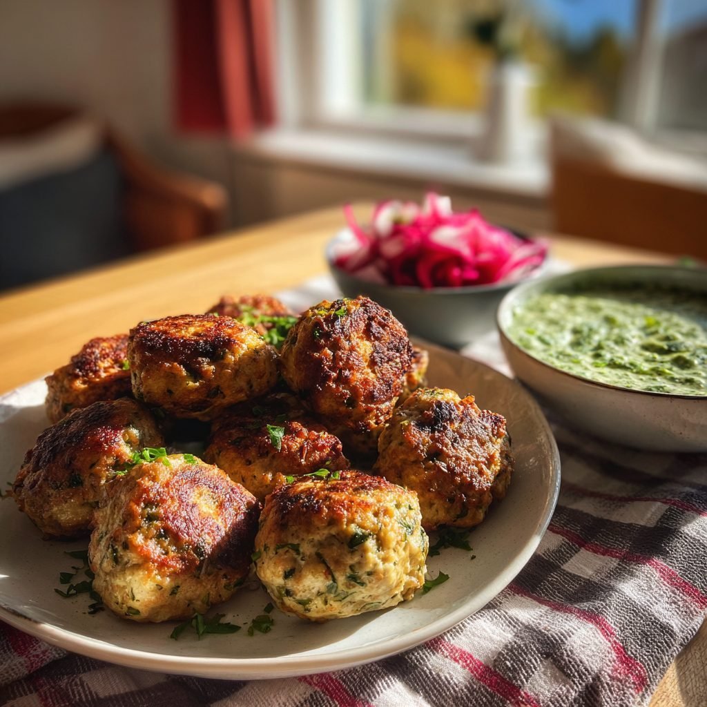 Hähnchen-Frikadellen mit Kräuter-Dip und Radieschensalat