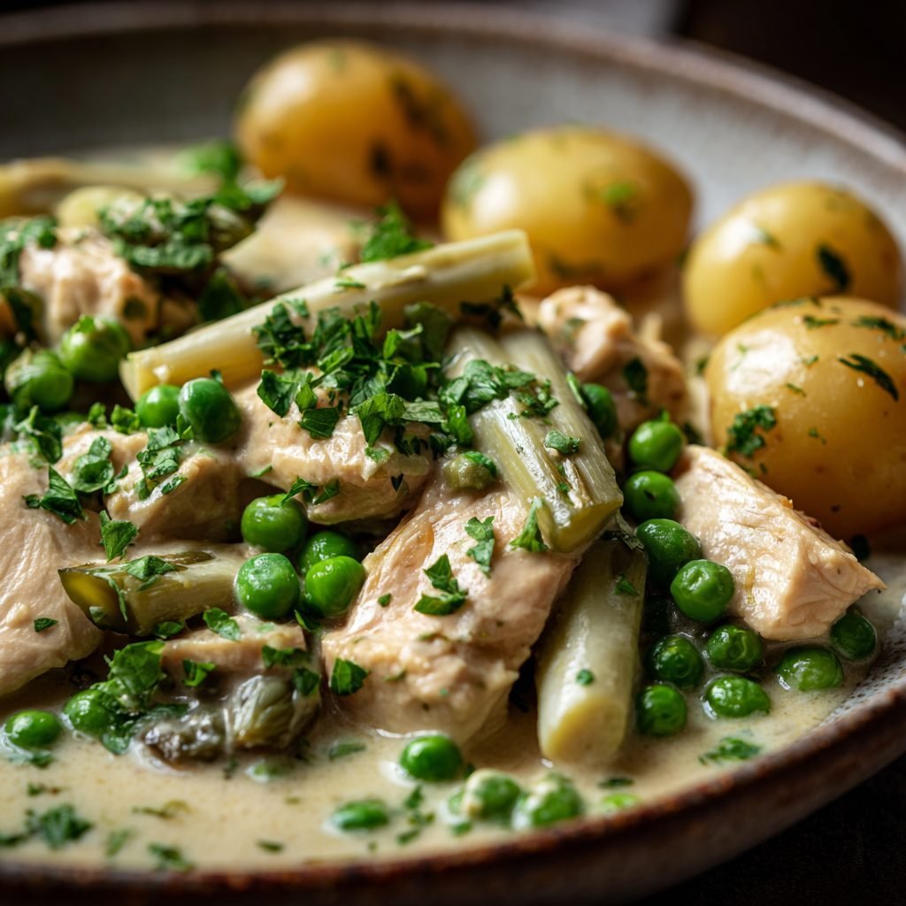 Hähnchen-Frikassee "Frühlingsart" mit neuen Kartoffeln und Erbsen