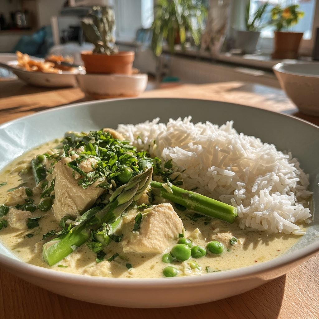 Hähnchen-Frikassee mit jungem Spargel und Erbsen
