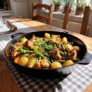 Hähnchen-Gemüse-Pfanne 'Frühlingsgefühle' mit jungen Kartoffelwürfeln und Kerbel