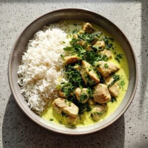 Hähnchen-Geschnetzeltes mit Bärlauch-Zitronen-Sauce und Reis