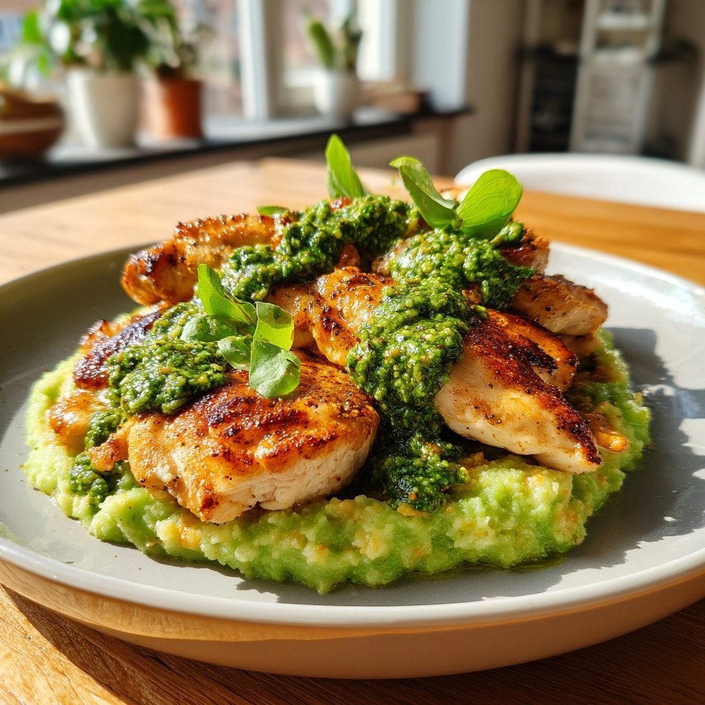 Hähnchen-Medaillons mit Bärlauch-Pesto und jungen Erbsen-Kartoffel-Püree