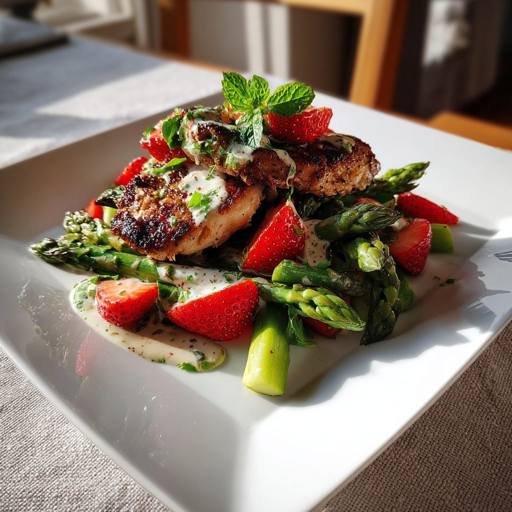 Hähnchen-Medaillons mit Spargel-Erdbeer-Salat und Minze-Dressing