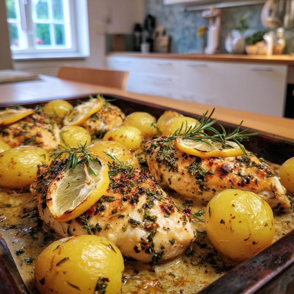 Hähnchen mit Zitronen-Kräuter-Marinade und jungen Kartoffeln