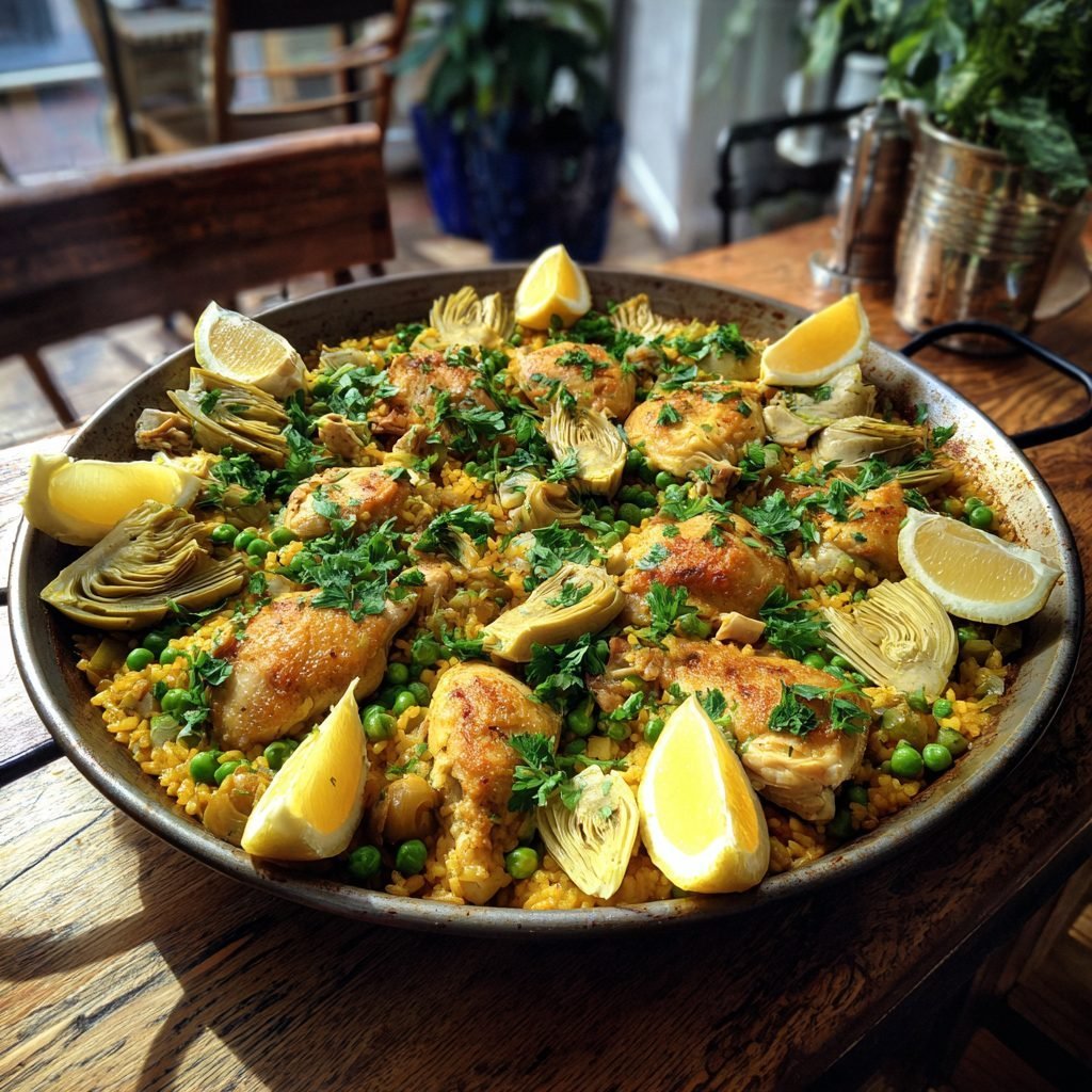 Hähnchen-Paella mit Artischocken und Erbsen