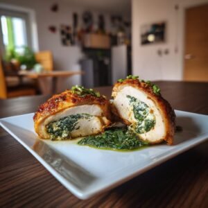 Hähnchen-Rouladen gefüllt mit Bärlauch-Ricotta auf Rahmspinat