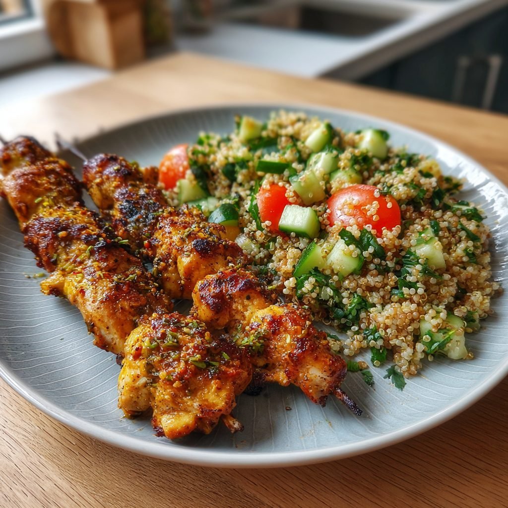 Hähnchen-Spieße mit Zitronen-Kräuter-Marinade und Quinoa-Salat mit Frühlingsgemüse