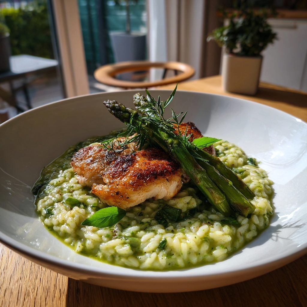 Hähnchenbrust auf cremigem Bärlauch-Risotto mit gebratenem grünem Spargel