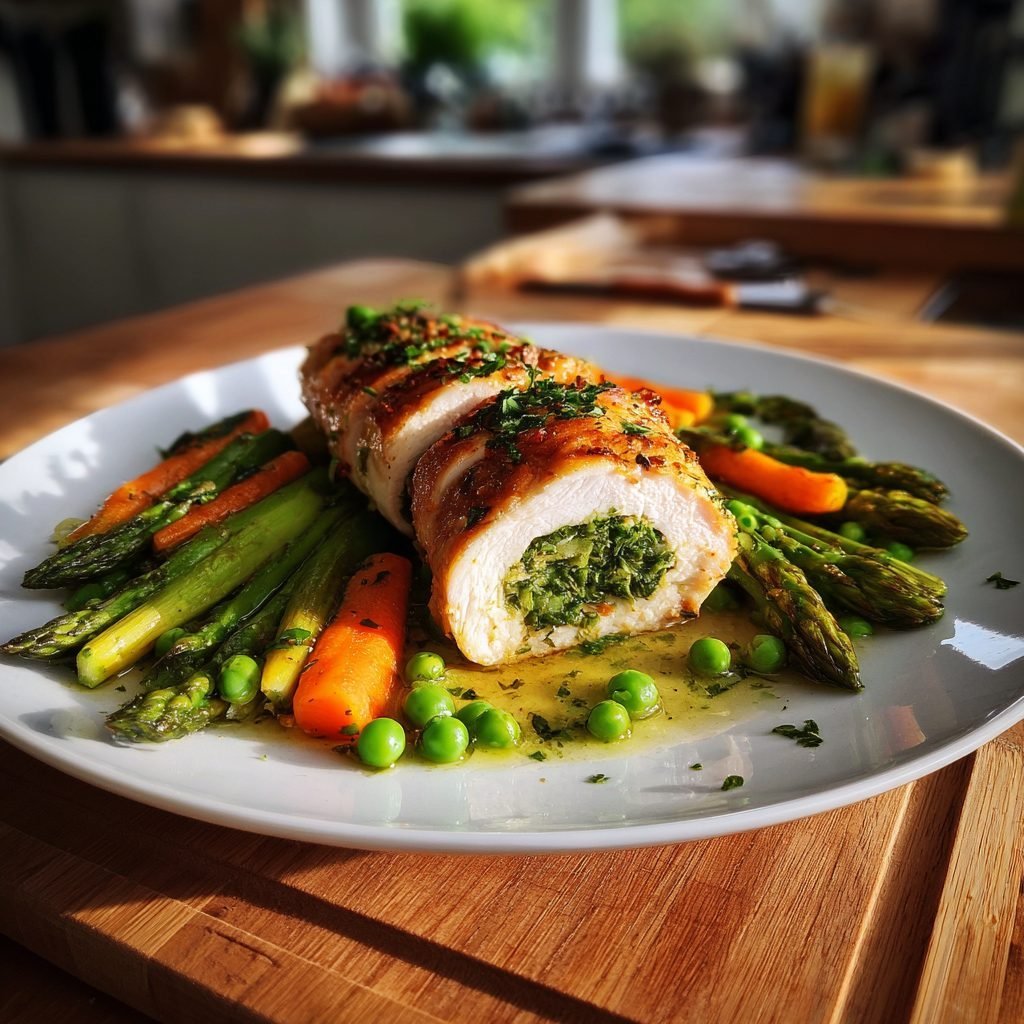 Hähnchenbrust gefüllt mit Bärlauch und frühlingshaftem Gemüse