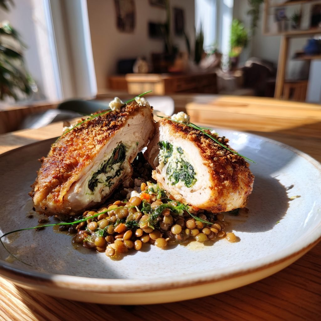 Hähnchenbrust gefüllt mit Bärlauch und Ricotta auf cremigem Linsen-Gemüse-Bett