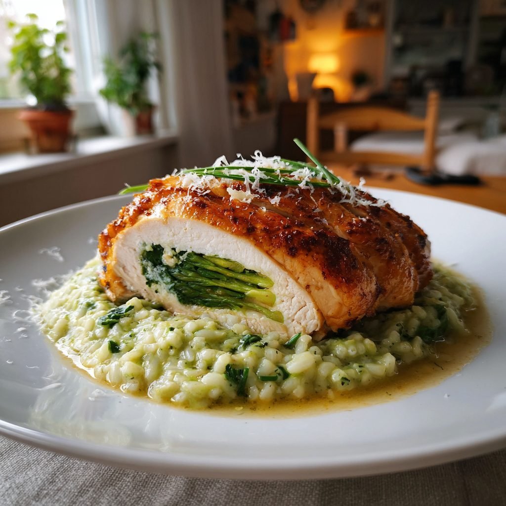 Hähnchenbrust gefüllt mit Bärlauch und Ricotta auf Spargelrisotto