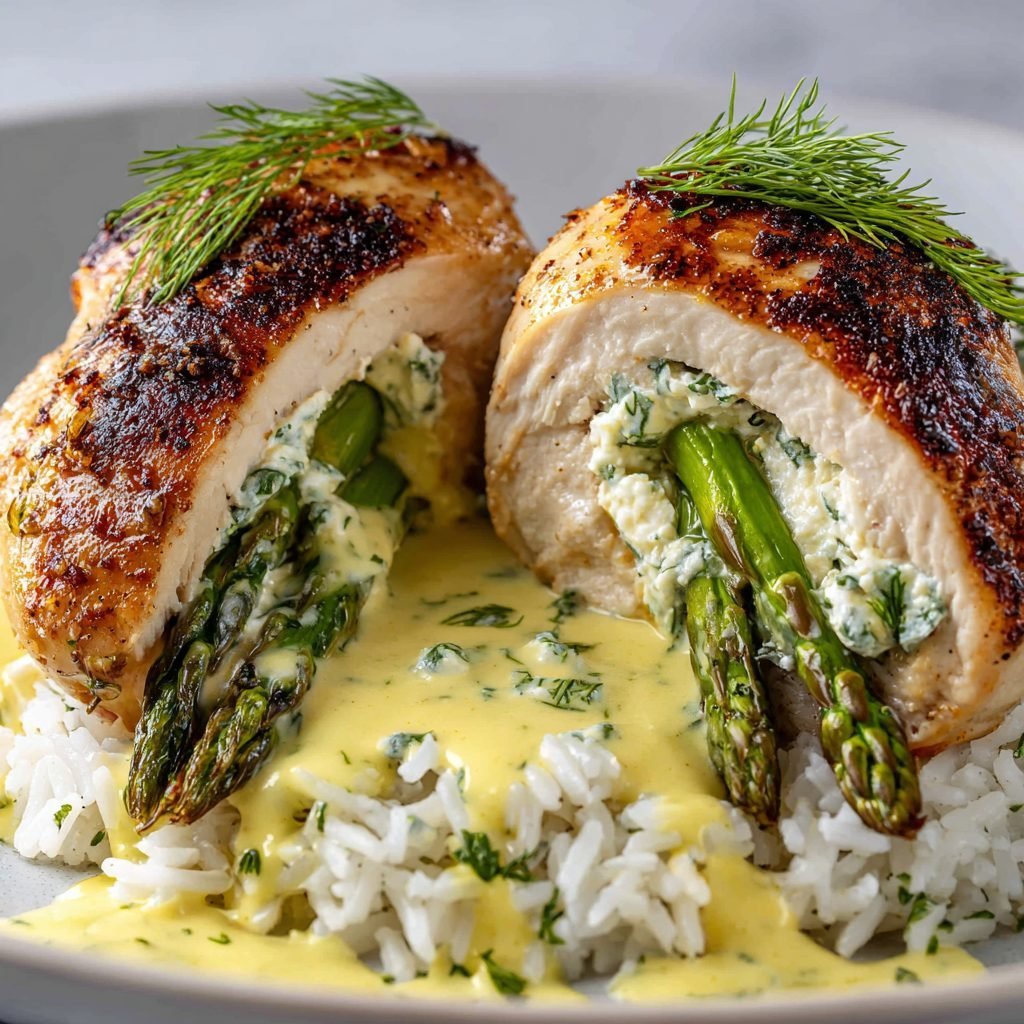 Hähnchenbrust gefüllt mit Spargel und Frischkäse, dazu Zitronen-Dill-Sauce und Reis