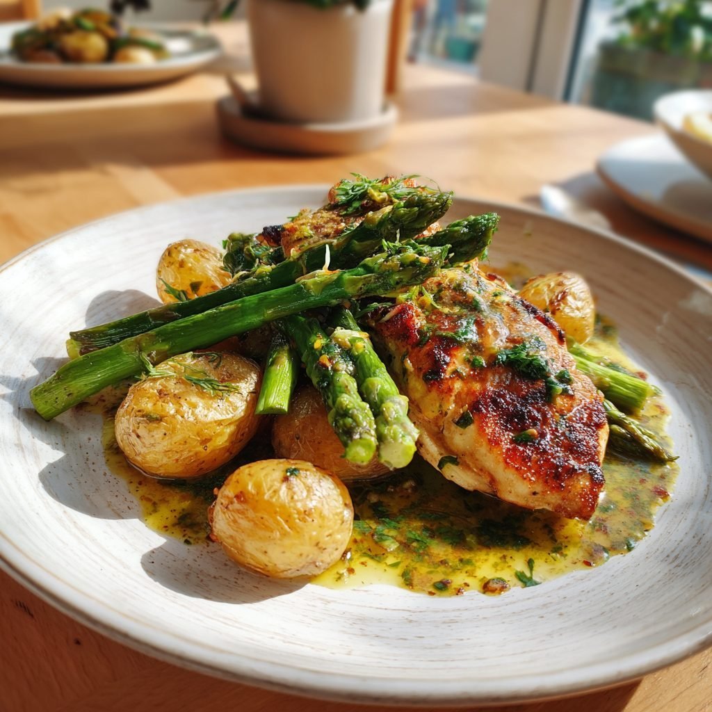 Hähnchenbrust mit grünem Spargel und Zitronen-Kräuter-Soße