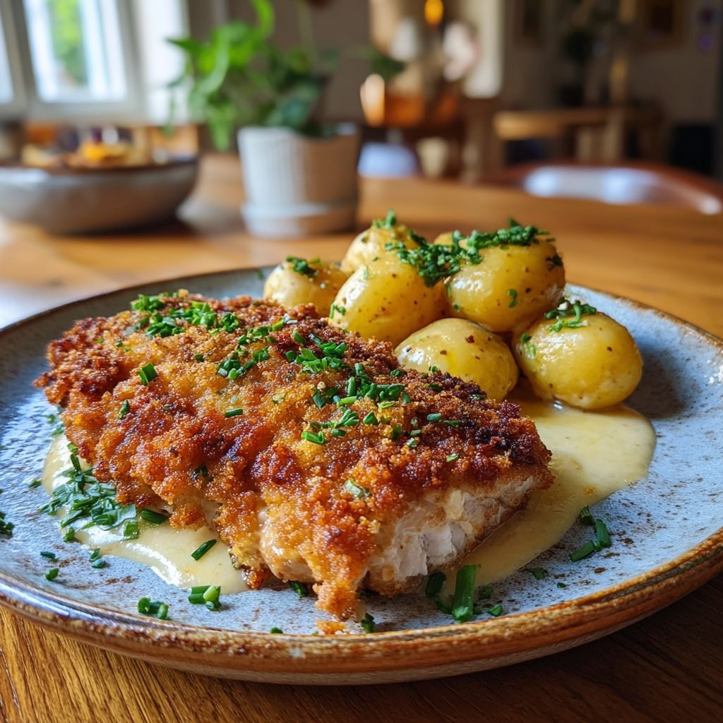 Hähnchenbrust mit Kräuter-Panko-Kruste und Rahmwirsing mit jungen Kartoffeln