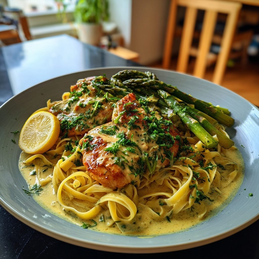 Hähnchenbrust mit Spargel-Zitronen-Sauce und Bandnudeln