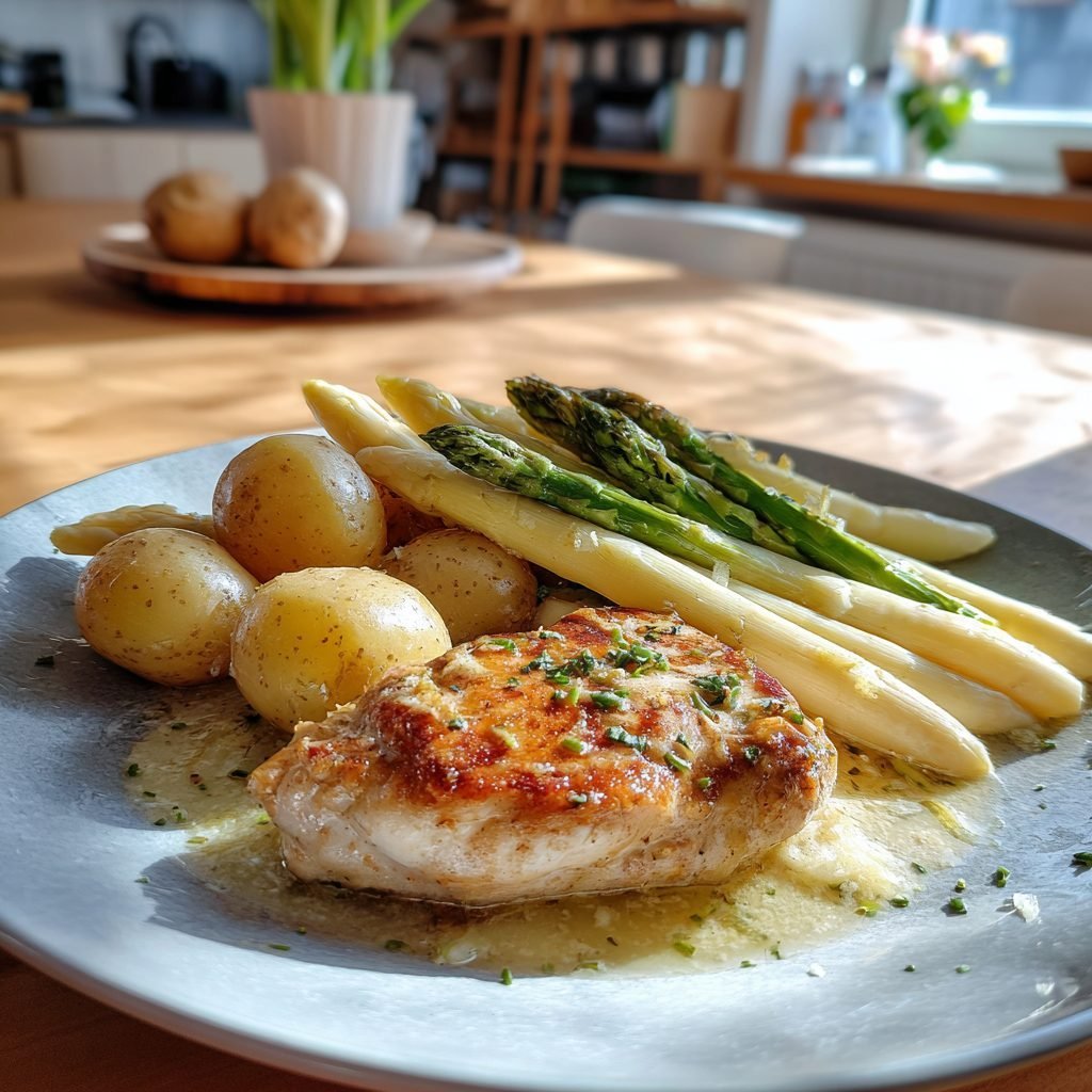 Hähnchenbrust mit weißem Spargel und leichter Zitronensauce