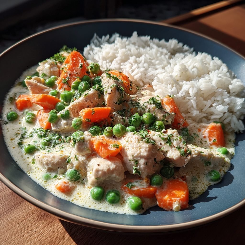 Hähnchenfrikassee mit jungen Erbsen und Möhrchen