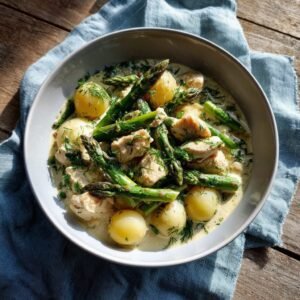 Hähnchenfrikassee mit jungen Kartoffeln und Spargel