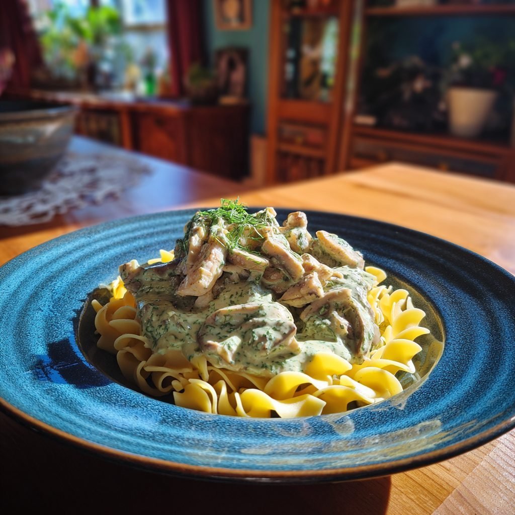 Hähnchengeschnetzeltes mit Bärlauch-Champignon-Rahmsoße und Bandnudeln