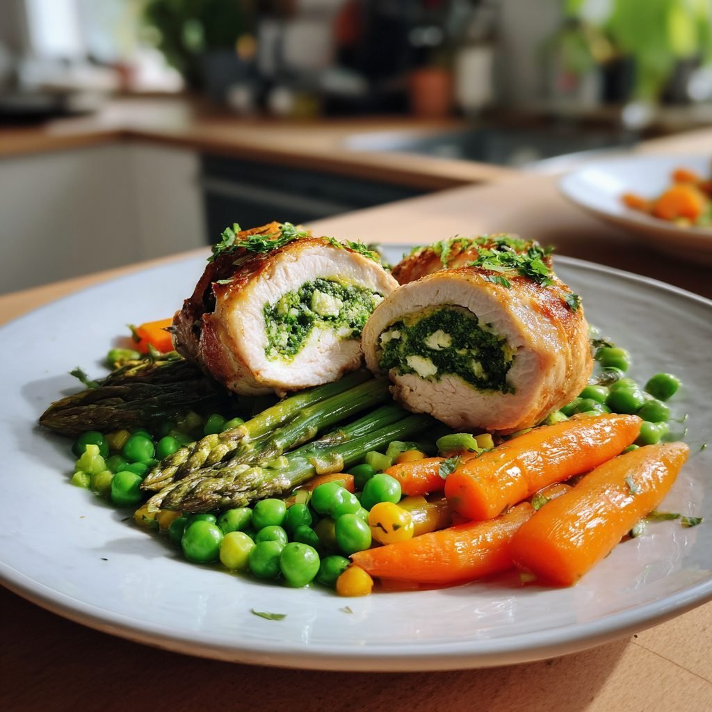 Hähnchenrouladen mit Bärlauch-Frischkäsefüllung auf Frühlingsgemüse