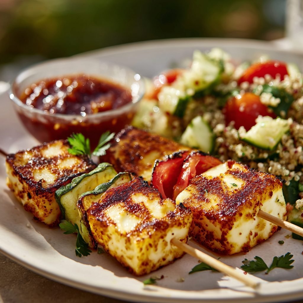 Halloumi-Grillspieße mit Rhabarber-Chutney und Quinoa-Salat