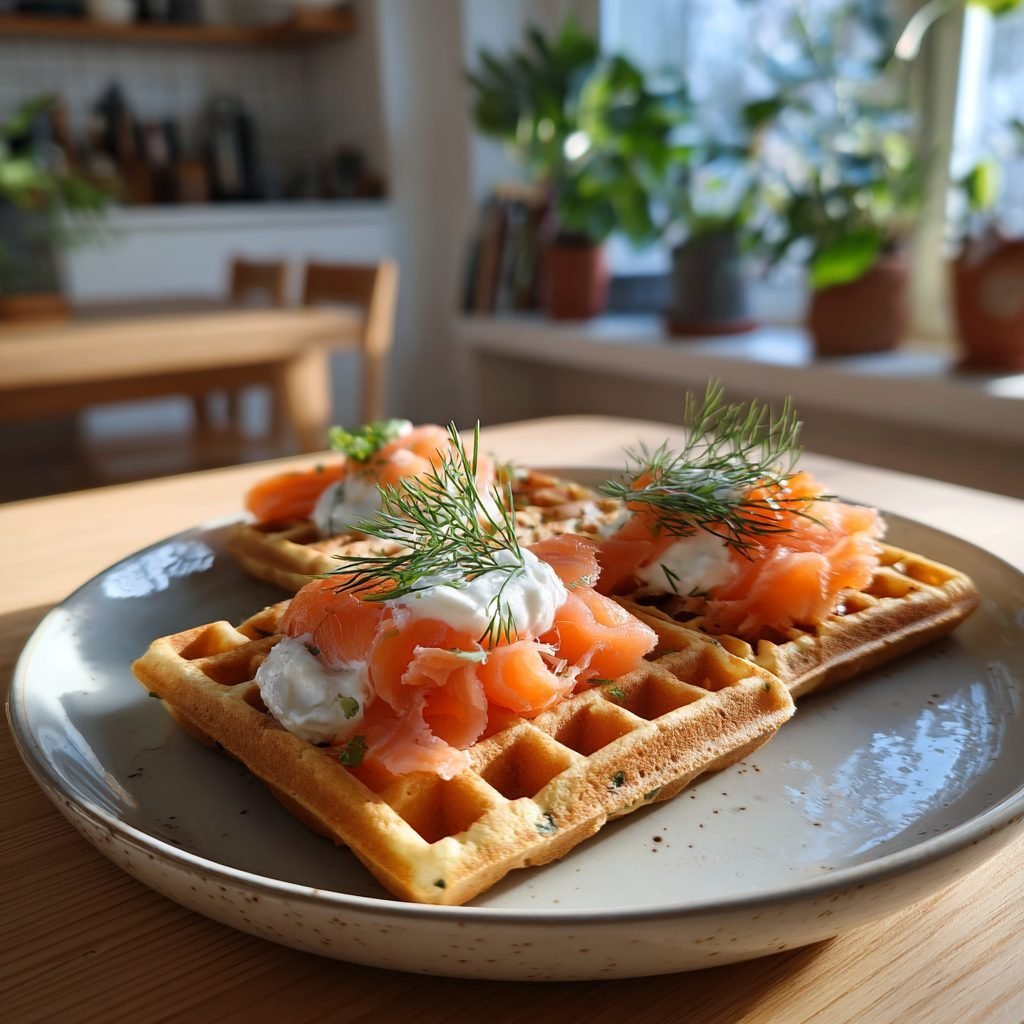 Herzhafte Bärlauch-Waffeln mit Räucherlachs und Meerrettich-Creme