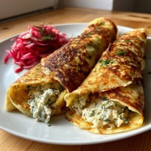 Herzhafte Kräuterpfannkuchen mit Frischkäsefüllung und Radieschensalat